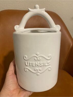 White Ceramic Utensil Holder with Decorative Handle - Buttermilk